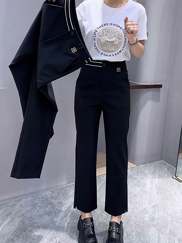 大码黑色显瘦九分烟管休闲裤女春季大码胖m