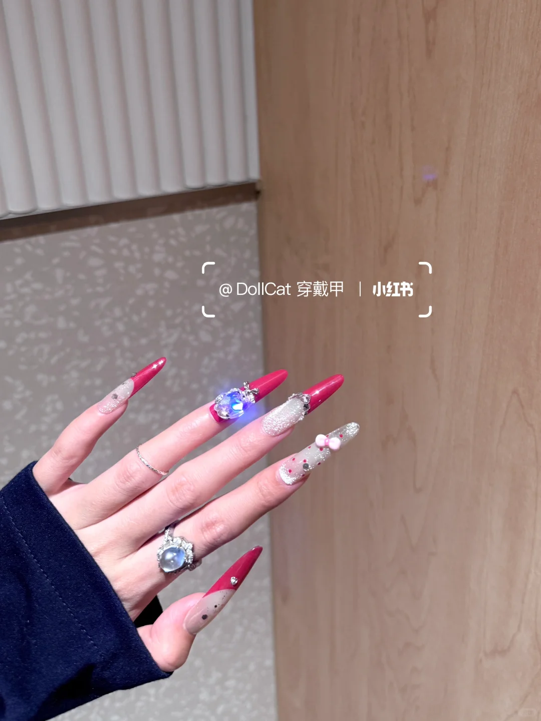 甜辣美甲｜玫红法式波点·猫眼又辣又嗲！！