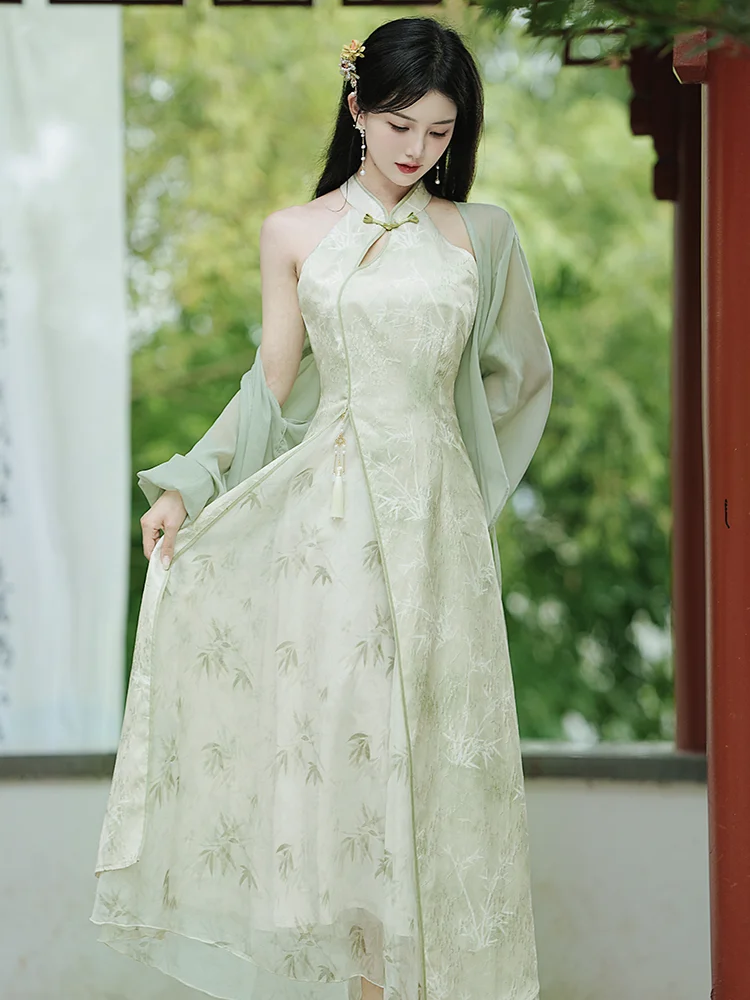 温柔少女风，新中式挂脖旗袍