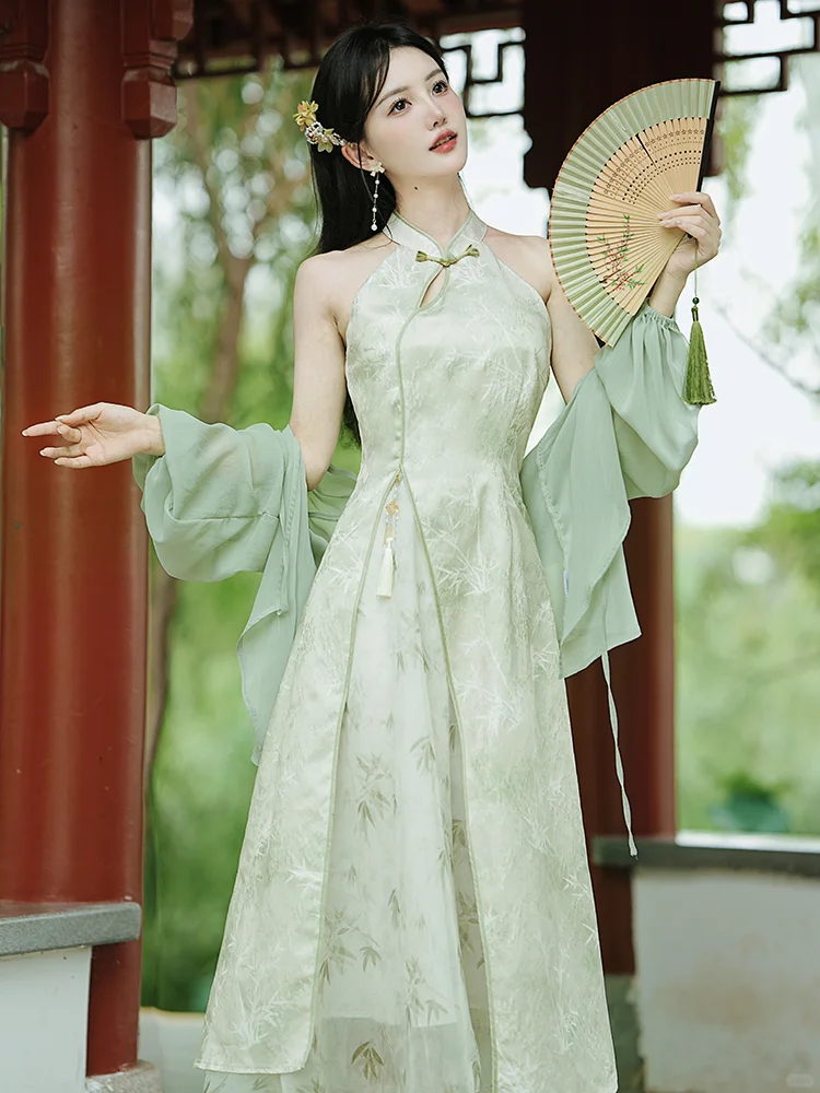 温柔少女风，新中式挂脖旗袍