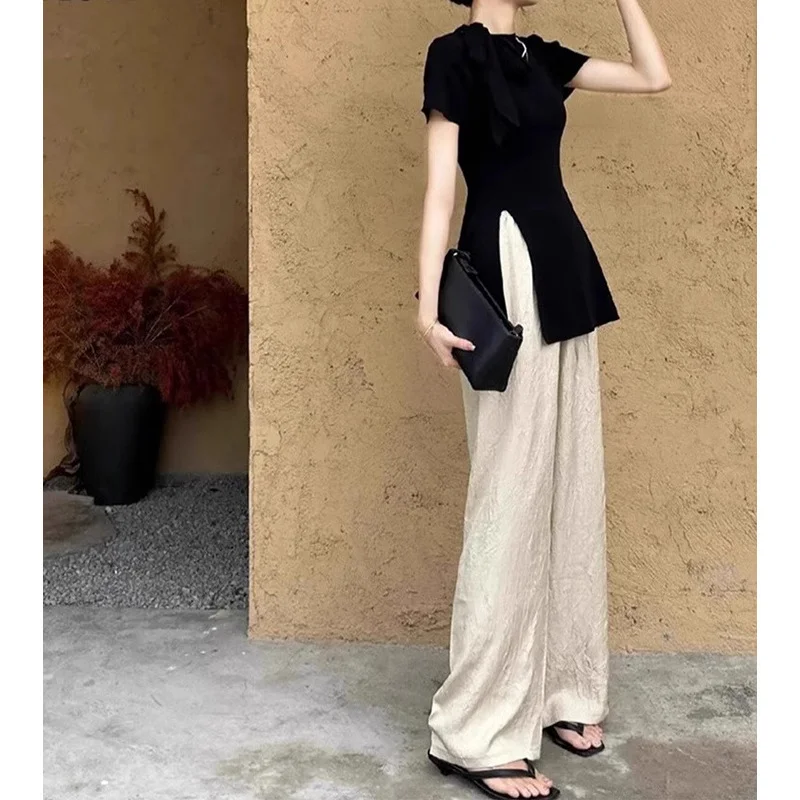 蝴蝶结针织修身开叉显瘦纹理感阔腿裤套装女