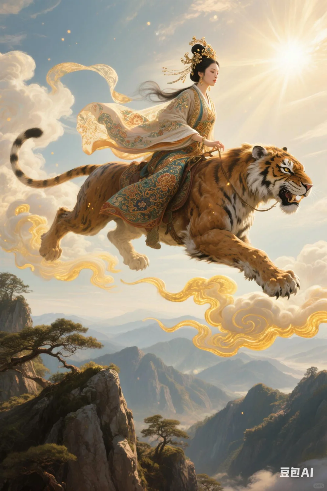 骑虎神女——AI绘画的玄幻国风传奇