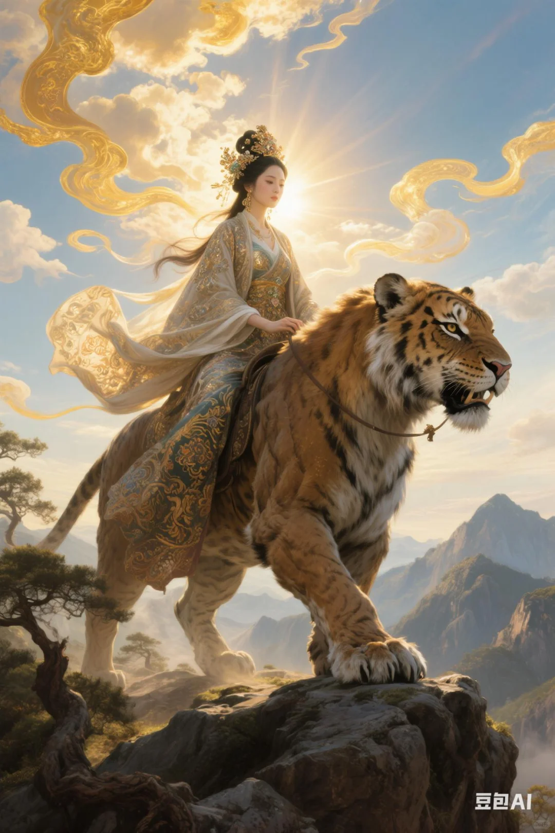 骑虎神女——AI绘画的玄幻国风传奇
