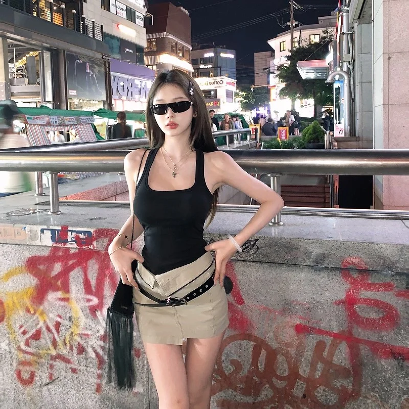 辣妹风修身黑色吊带上衣女夏季纯欲设计感工