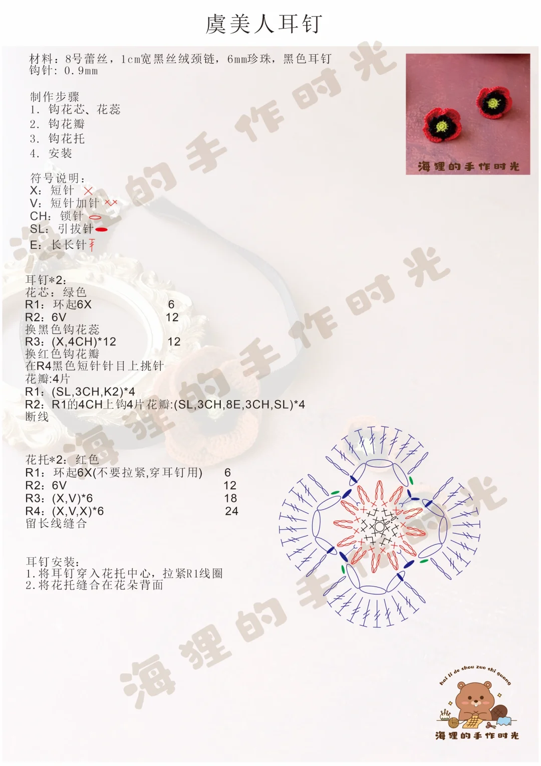 虞美人微钩套装-颈链、耳钉（附钩针图解）