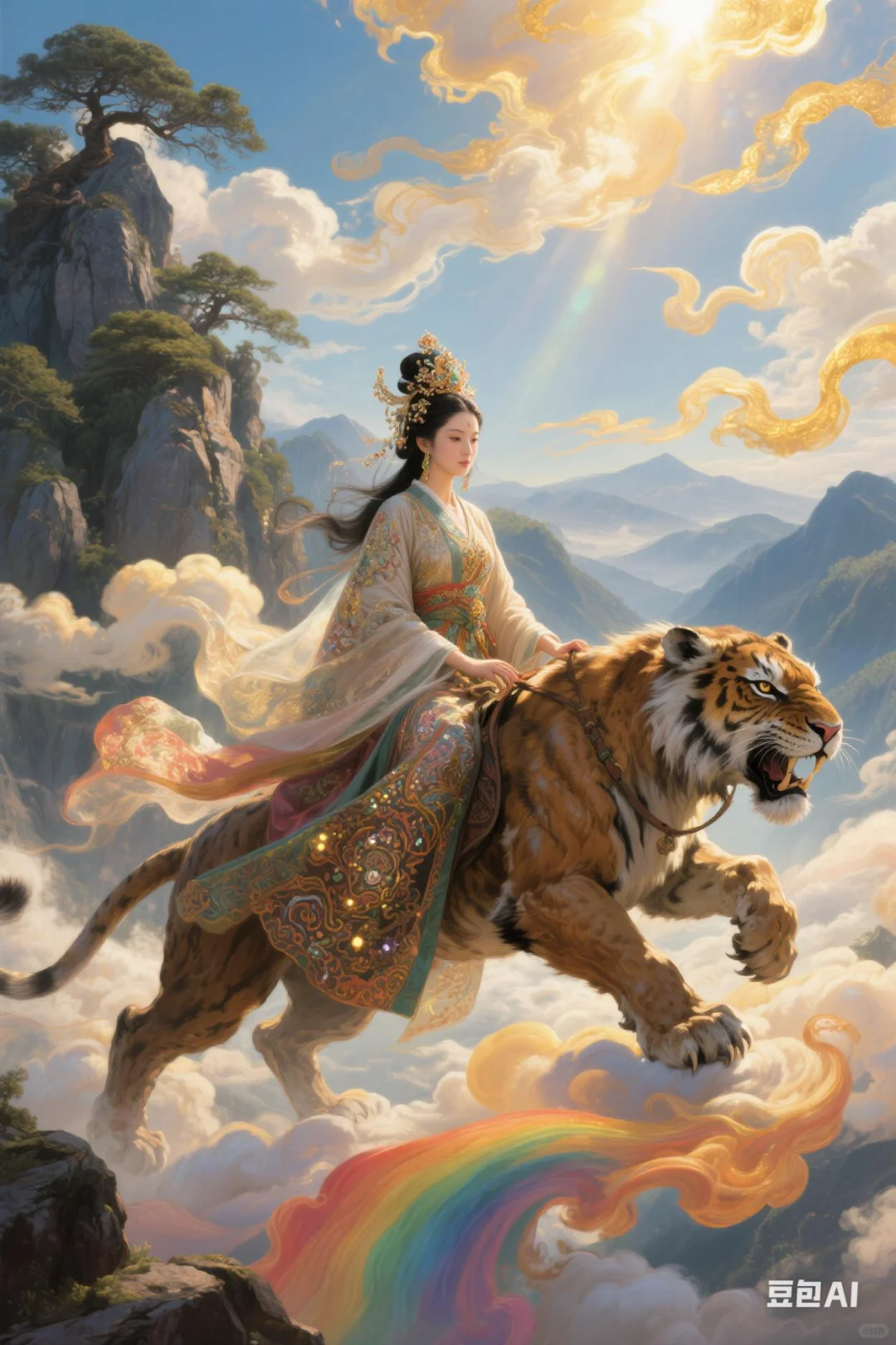 骑虎神女——AI绘画的玄幻国风传奇