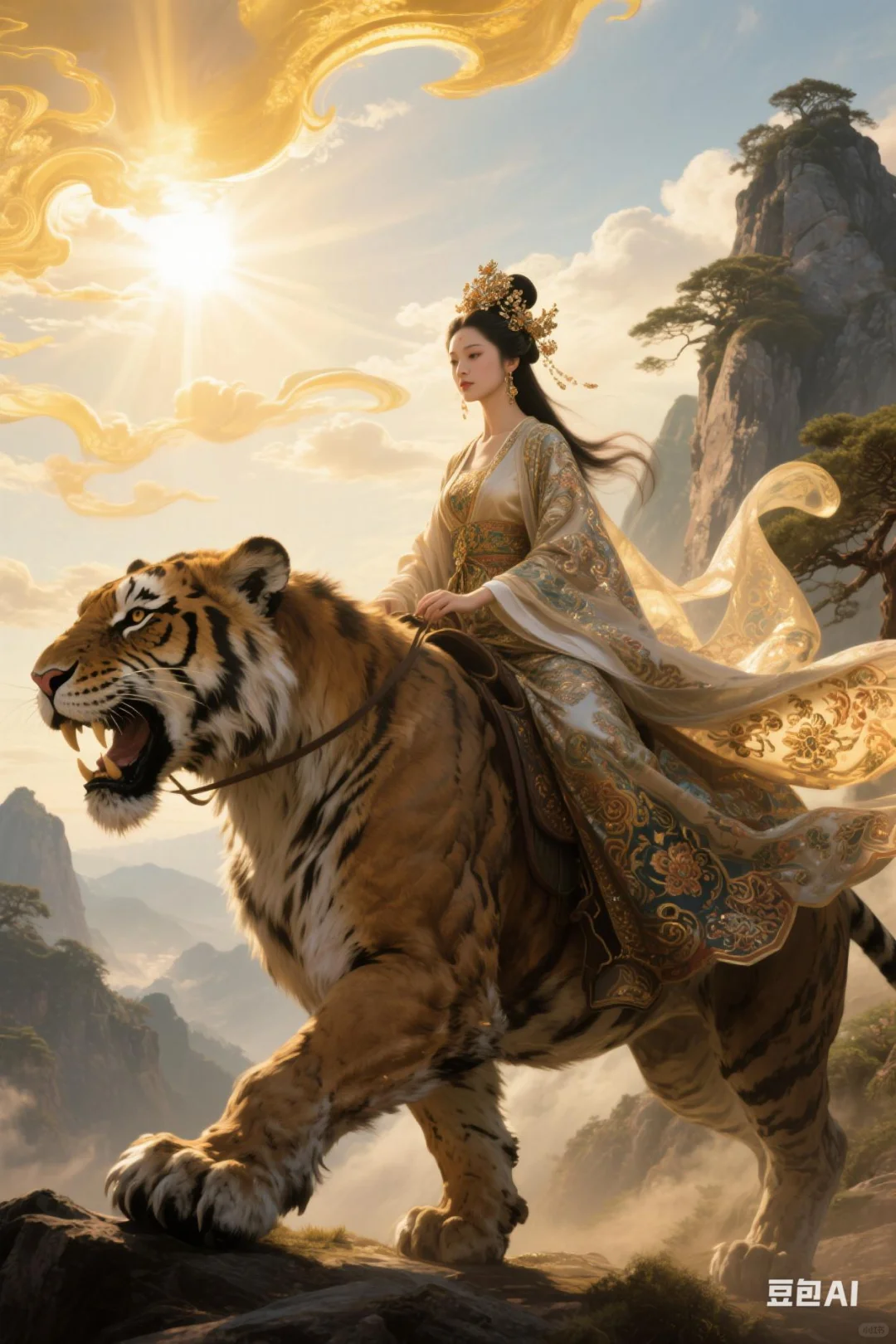 骑虎神女——AI绘画的玄幻国风传奇