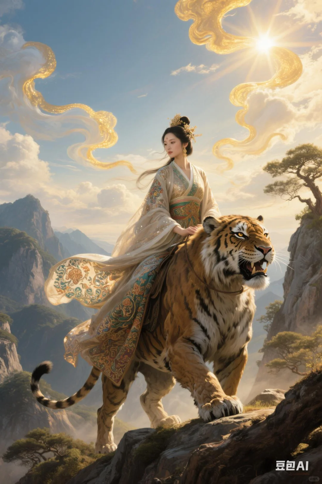 骑虎神女——AI绘画的玄幻国风传奇