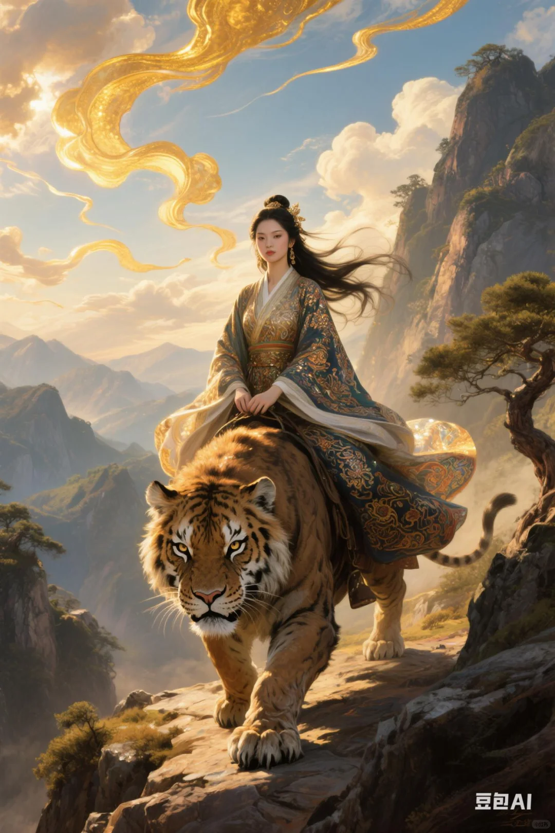 骑虎神女——AI绘画的玄幻国风传奇
