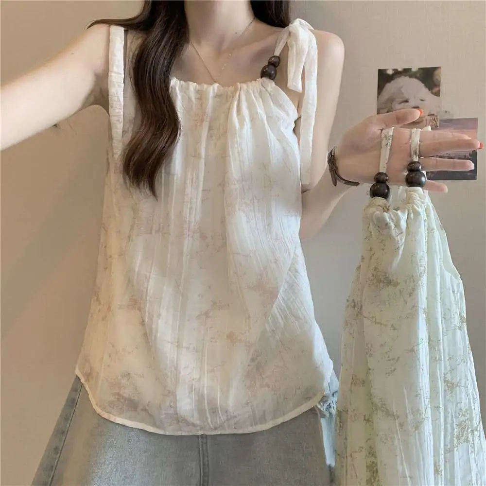 新中式水墨雪纺吊带背心女夏外穿大码胖mm