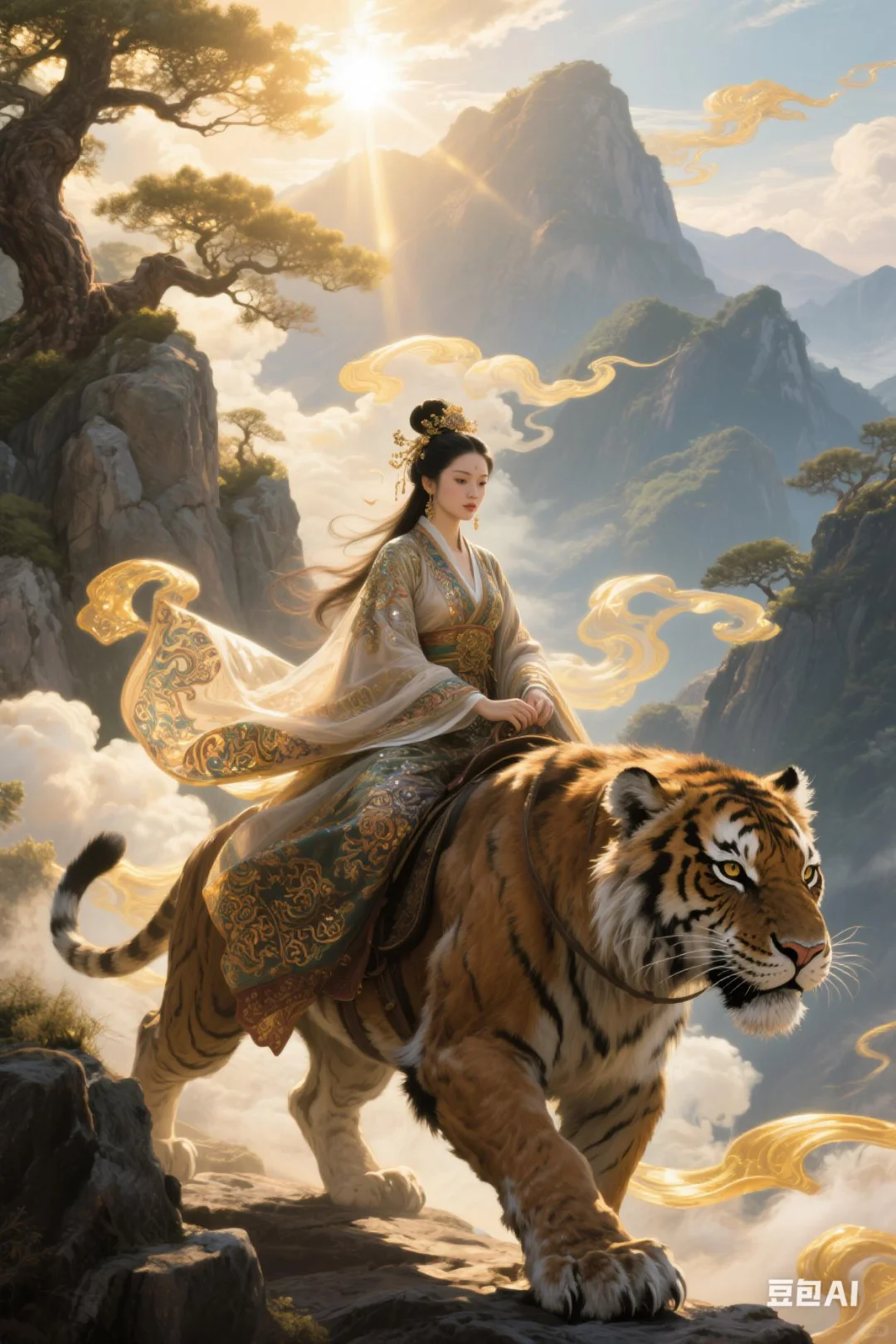 骑虎神女——AI绘画的玄幻国风传奇