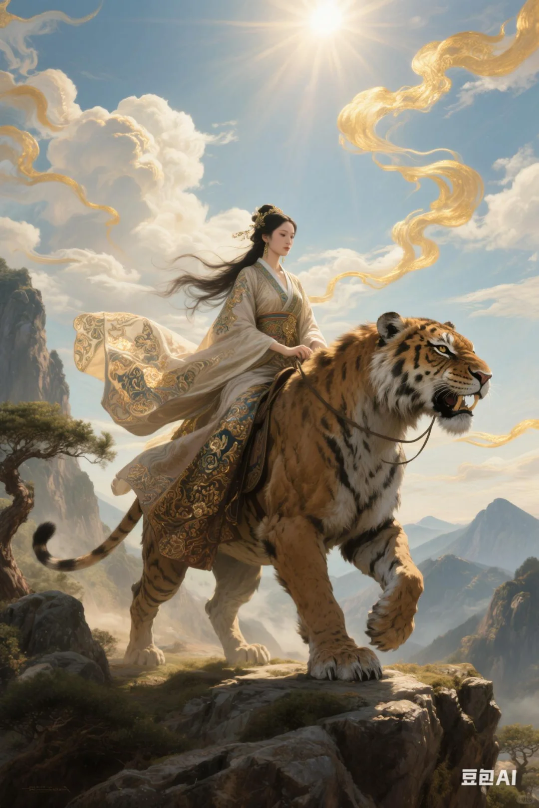 骑虎神女——AI绘画的玄幻国风传奇