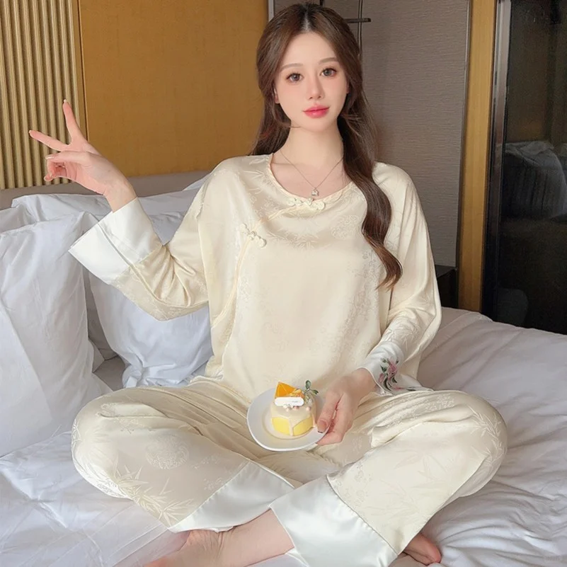 春秋季睡衣女长袖薄款丝绸新中式复古套装女