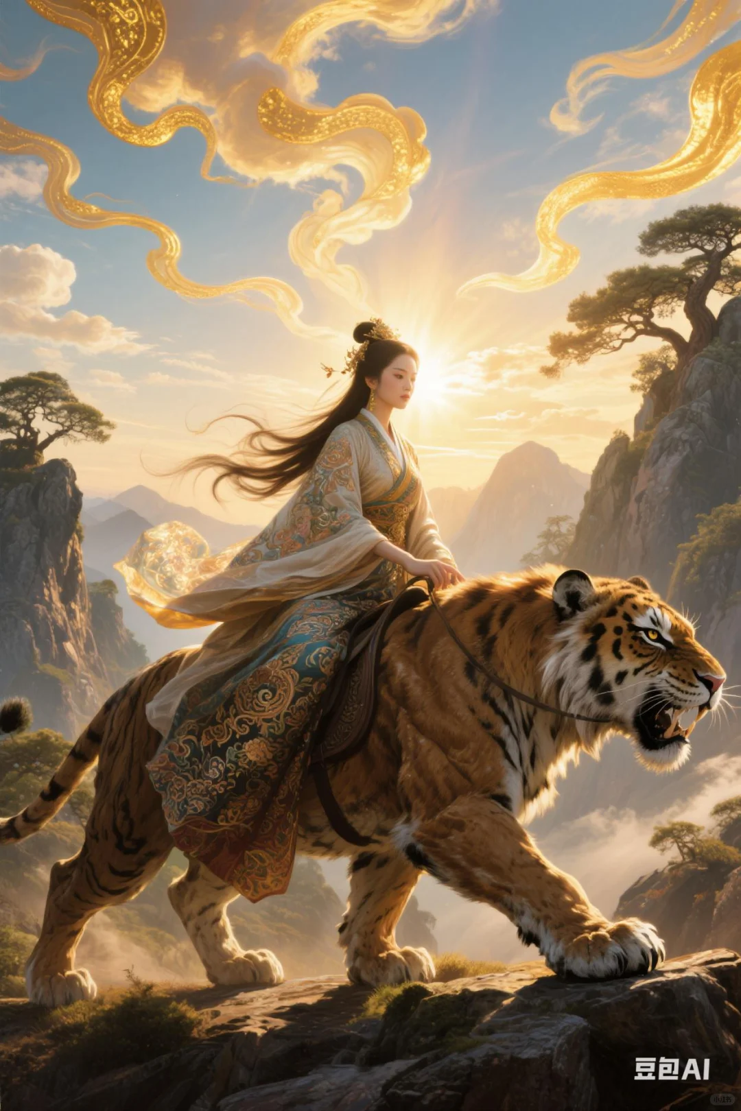 骑虎神女——AI绘画的玄幻国风传奇
