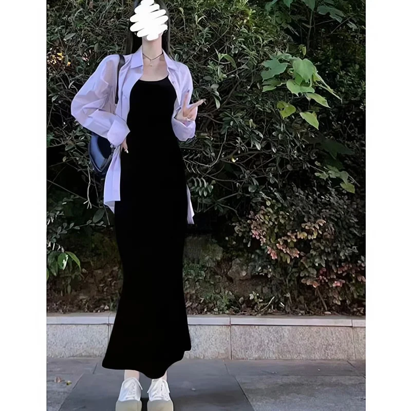 步步生莲黑色鱼尾连衣裙女夏季长款高级感吊