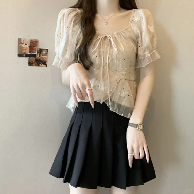 甜美系带荷叶边短袖衬衫女夏季大码胖MM设