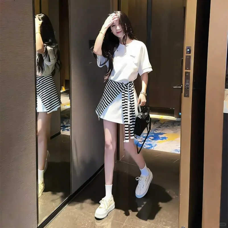 夏季运动时尚套装女慵懒风宽松短袖T恤+条