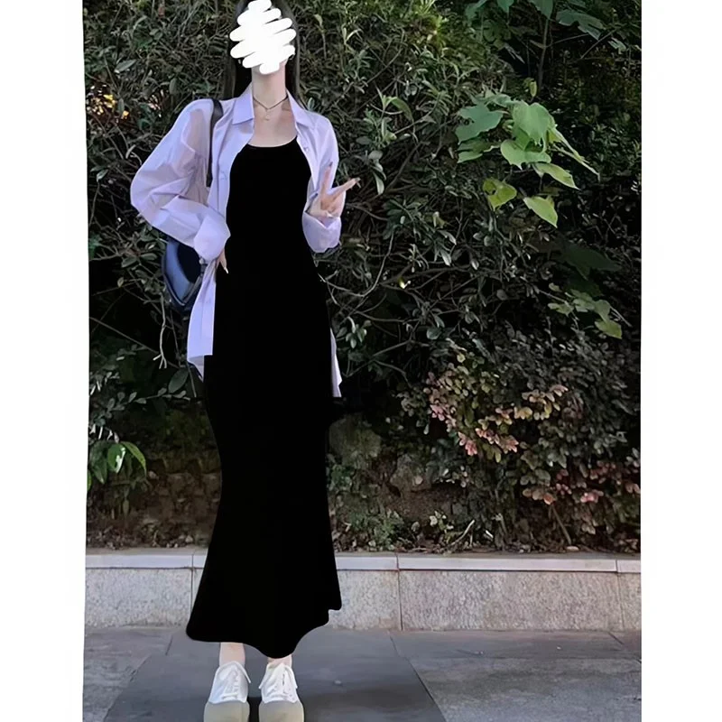 步步生莲黑色鱼尾连衣裙女夏季长款高级感吊