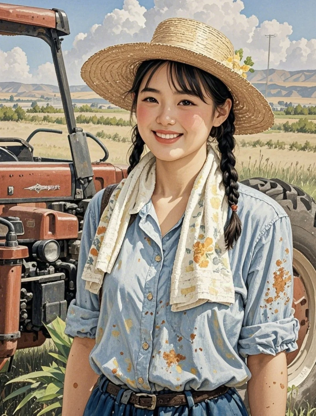 拖拉机前面的女农机手