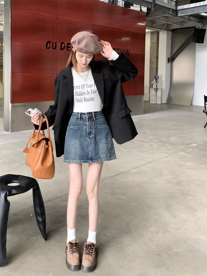 高腰复古牛仔短裙女大码小个子半裙微胖mm