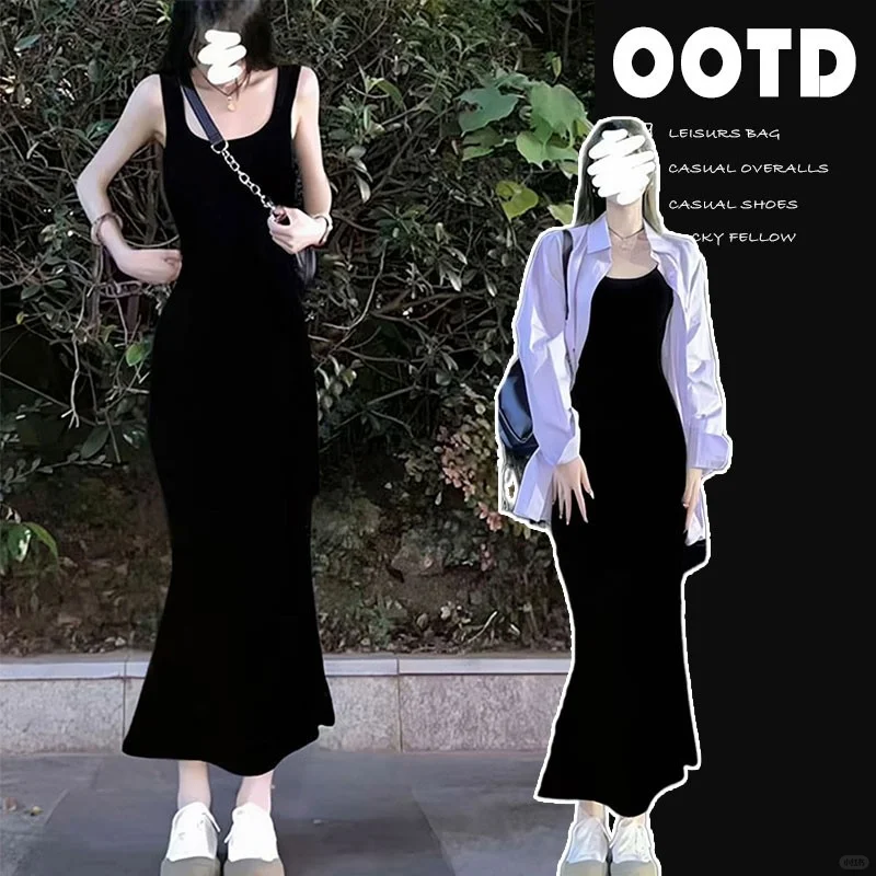 步步生莲黑色鱼尾连衣裙女夏季长款高级感吊