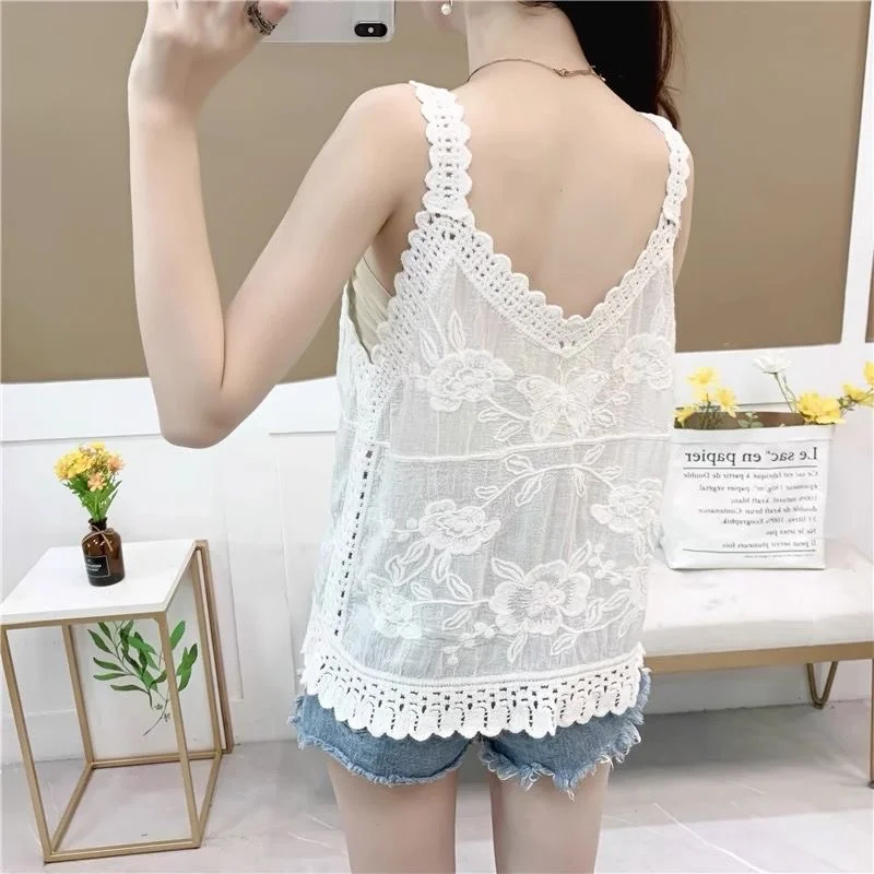2025夏季新品🔥镂空刺绣蕾丝上衣外穿吊带背心女宽松打底钩花百搭无袖
