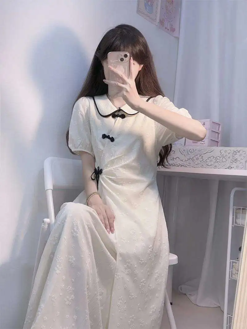 新中式国风盘扣连衣裙女气质甜美温柔风收腰