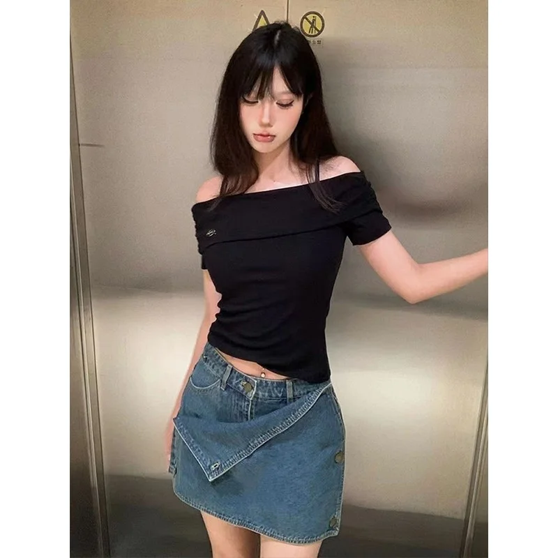 纯欲辣妹假两件锁骨一字肩吊带女韩甜酷小众