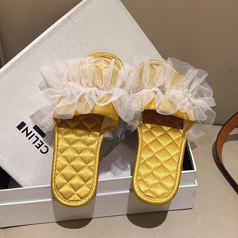 仙女出街黄金蕾丝拖鞋
