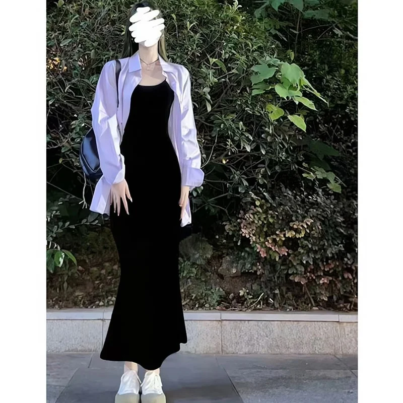 步步生莲黑色鱼尾连衣裙女夏季长款高级感吊