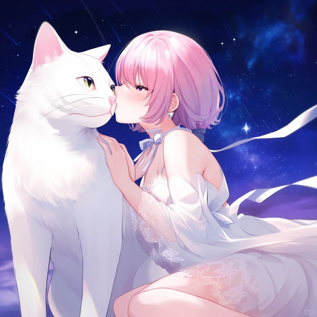星空猫咪粉色头发女头像 甜美女头像