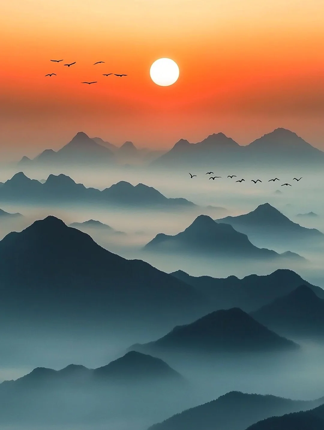 日出，山峦，云雾