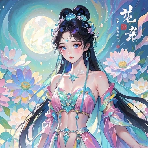 百花仙子下凡尘。翠衣薄纱如花艳，柳眉凤眼