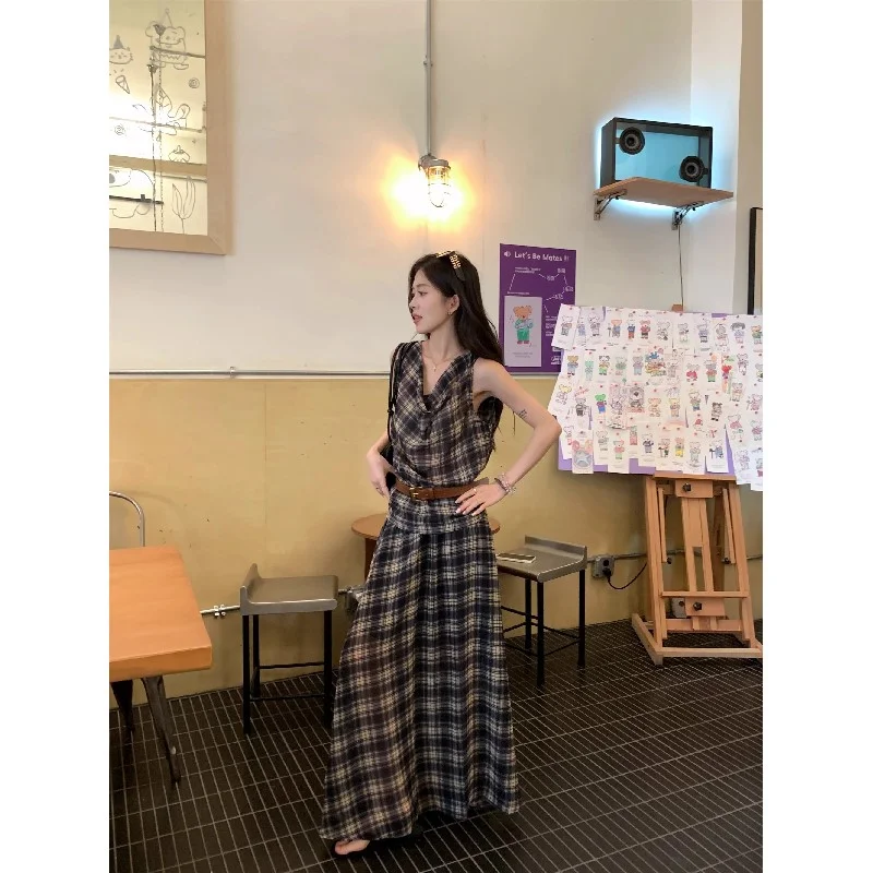 复古套装格子荡领吊带背心女夏季高腰半身裙