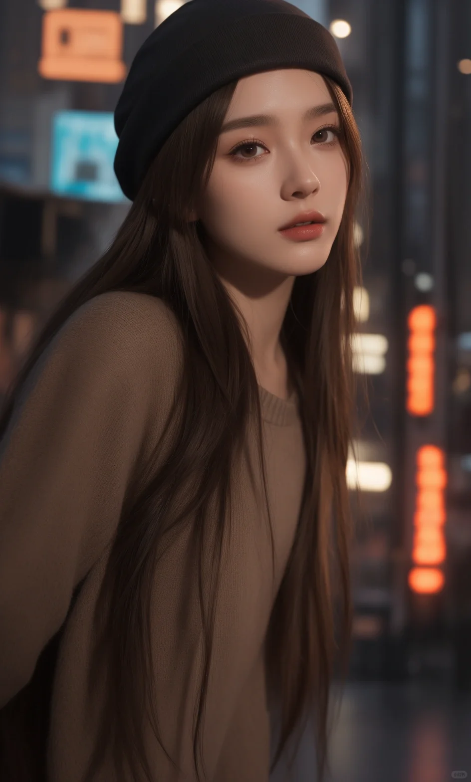 AI美女，赛博朋克城市夜晚