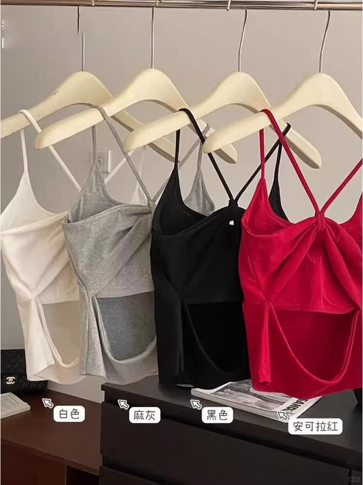 纯欲韩版白色蝴蝶结露背吊带背心女春夏季小