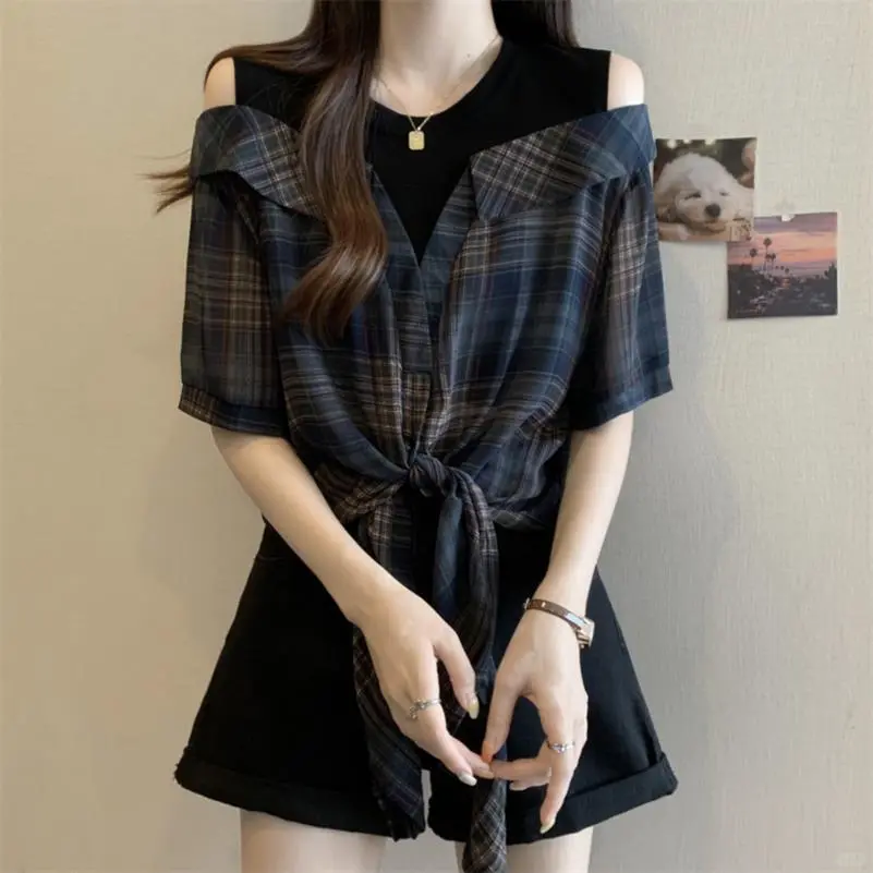 大码设计感小众复古格子短袖衬衫女夏季胖妹