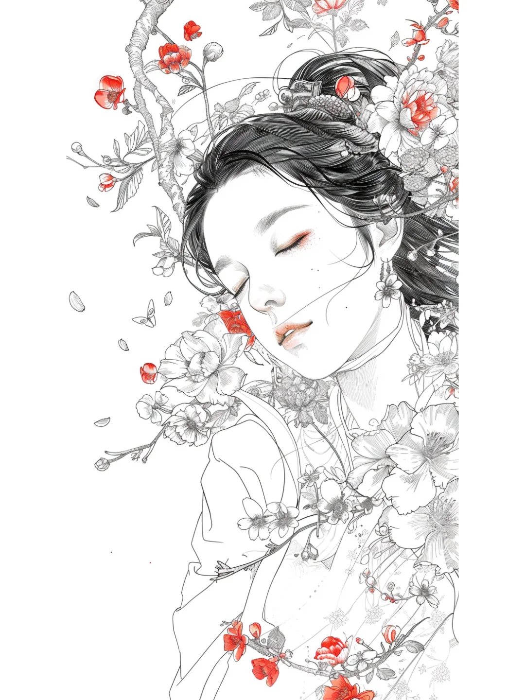 花和东方女子 线描 midjourney咒语