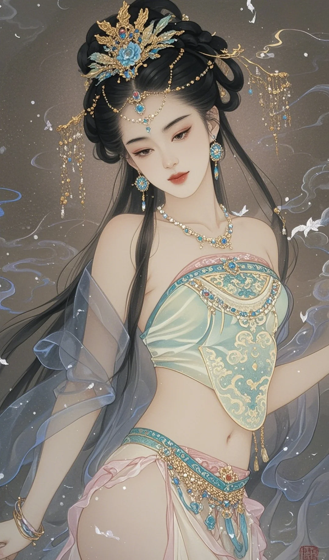 “飞天仙女姿态娇，彩云追月影窈窕。”