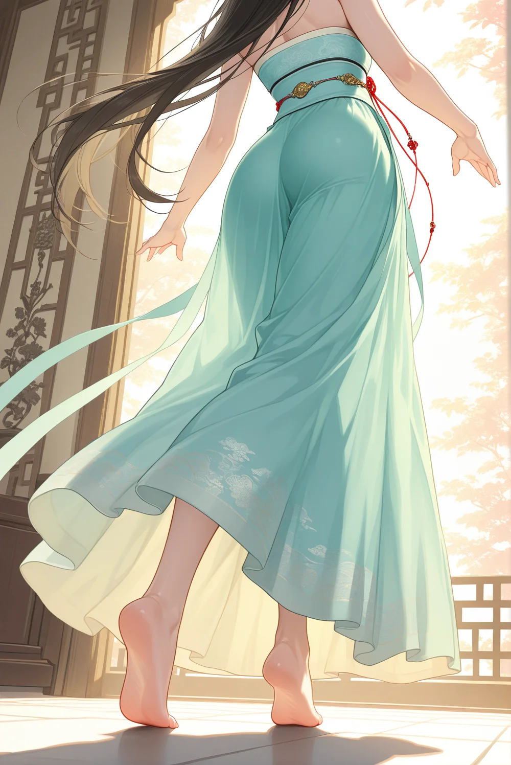 赤足轻踏石板光影间