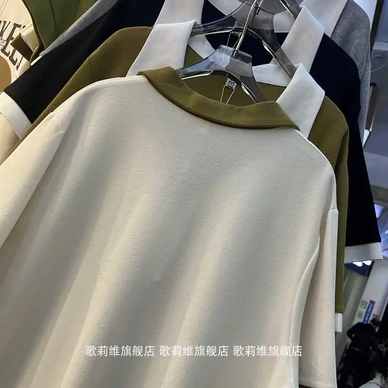 夏日清凉必备✨大码裙子女夏季polo领休闲运动直筒棉质T恤裙宽松开叉连衣裙