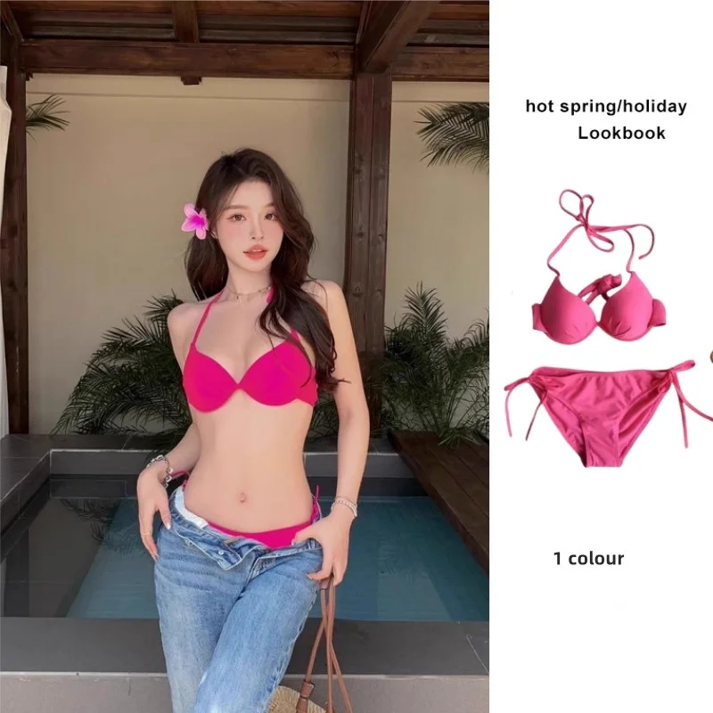 比基尼两件套超显白性感玫红色分体度假风泳