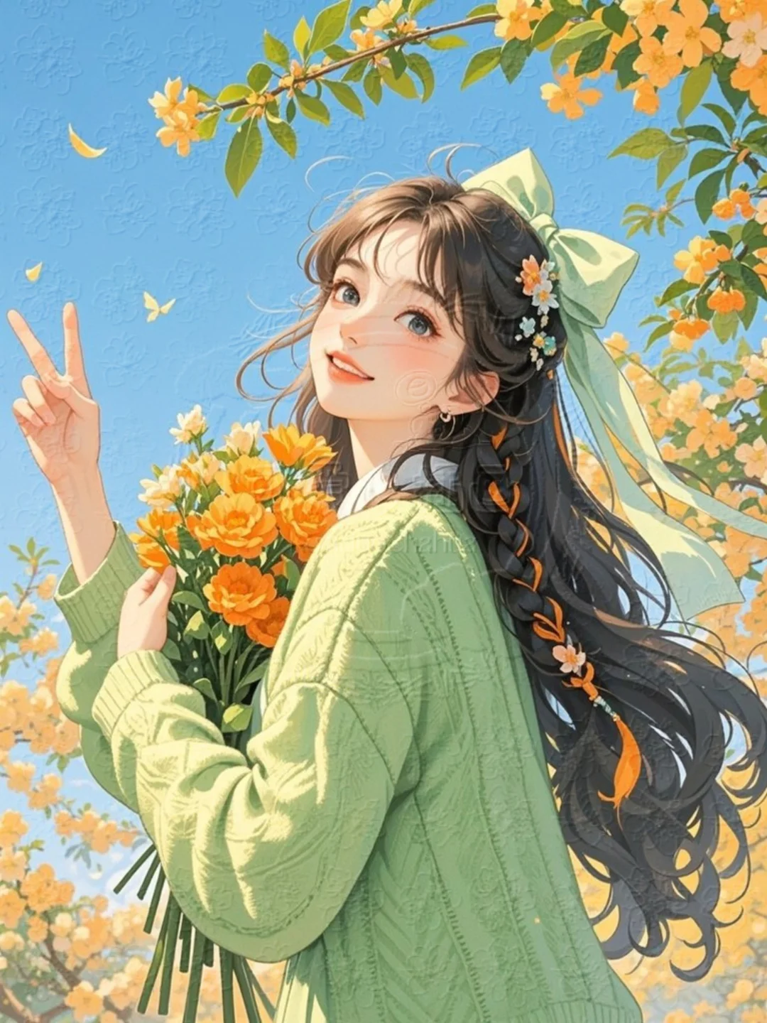 可爱卡通文创女孩唯美背影比耶治愈插画素材