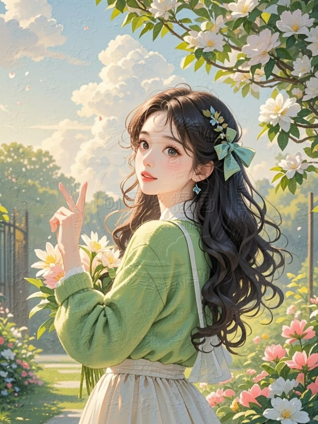 可爱卡通文创女孩唯美背影比耶治愈插画素材