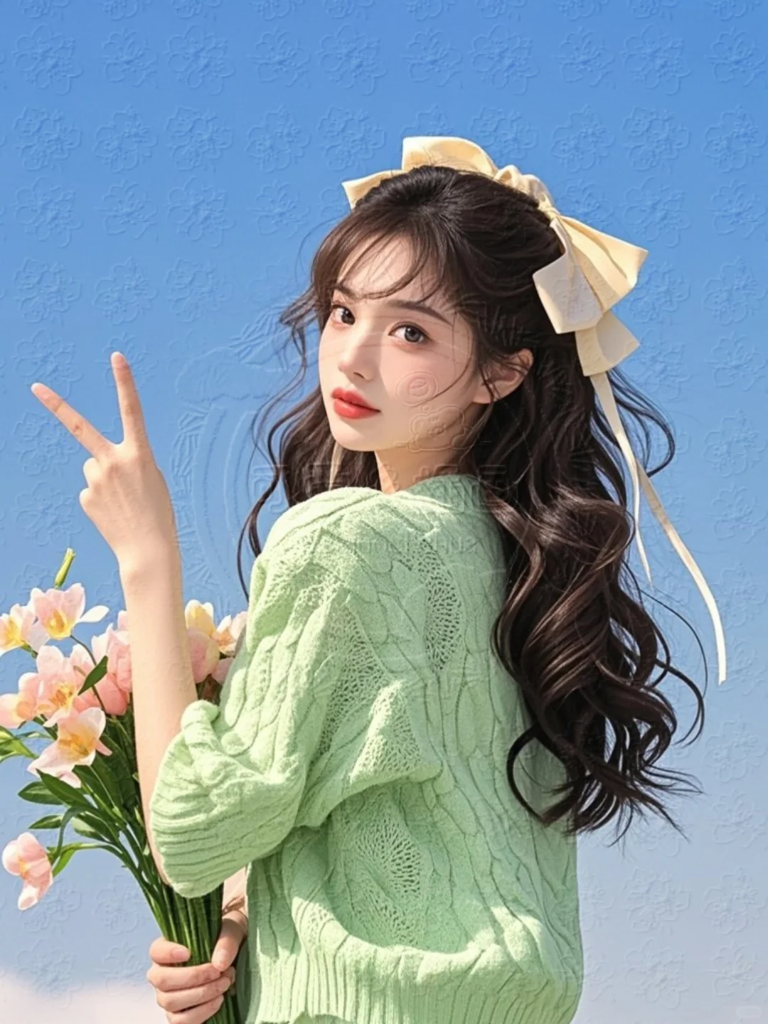 可爱卡通文创女孩唯美背影比耶治愈插画素材