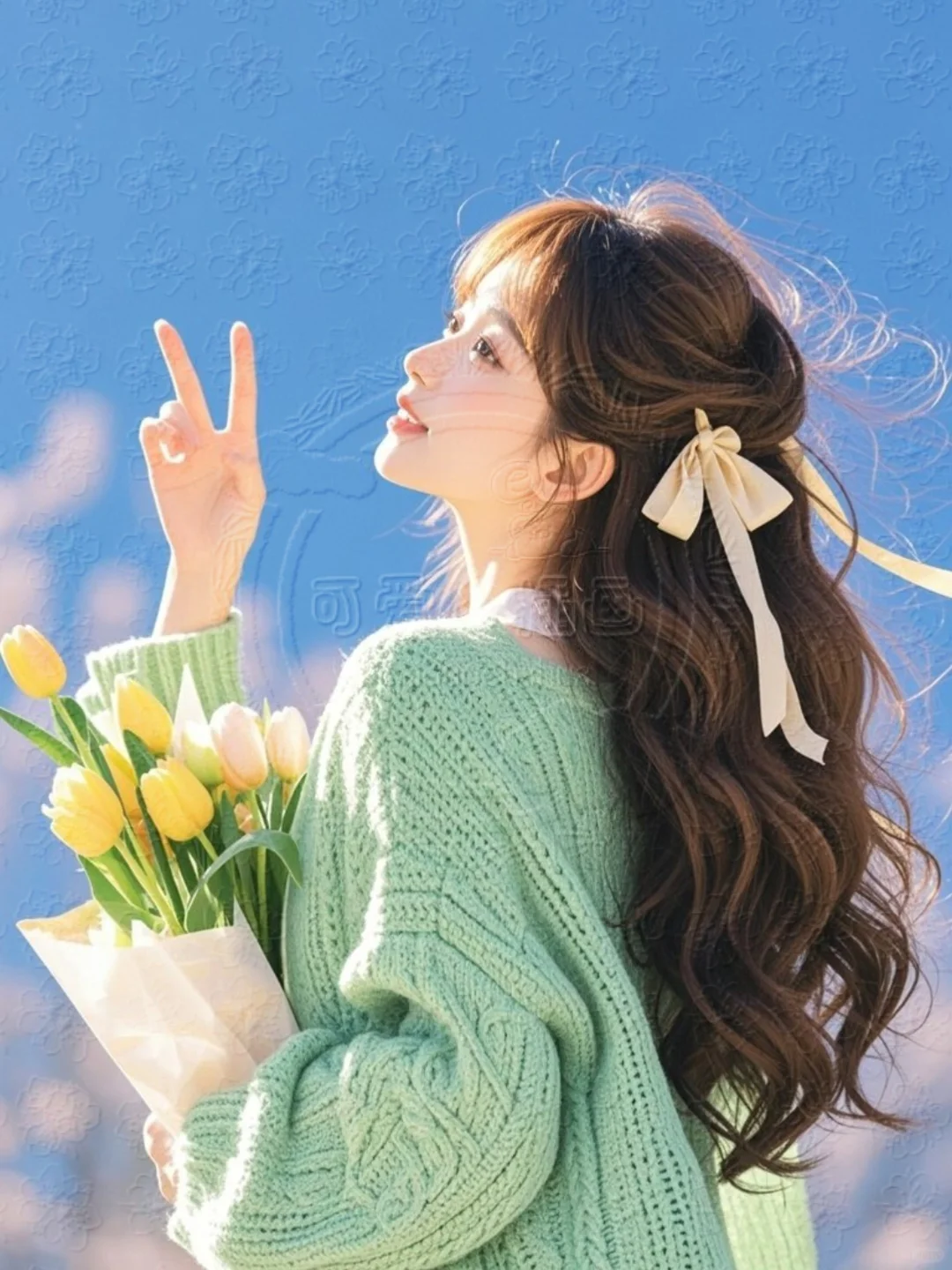 可爱卡通文创女孩唯美背影比耶治愈插画素材