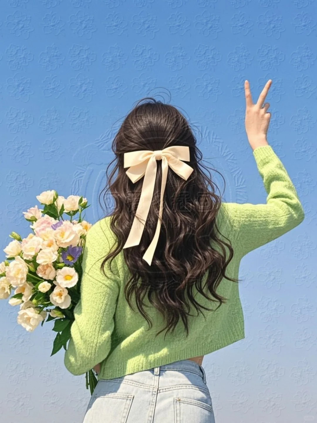 可爱卡通文创女孩唯美背影比耶治愈插画素材