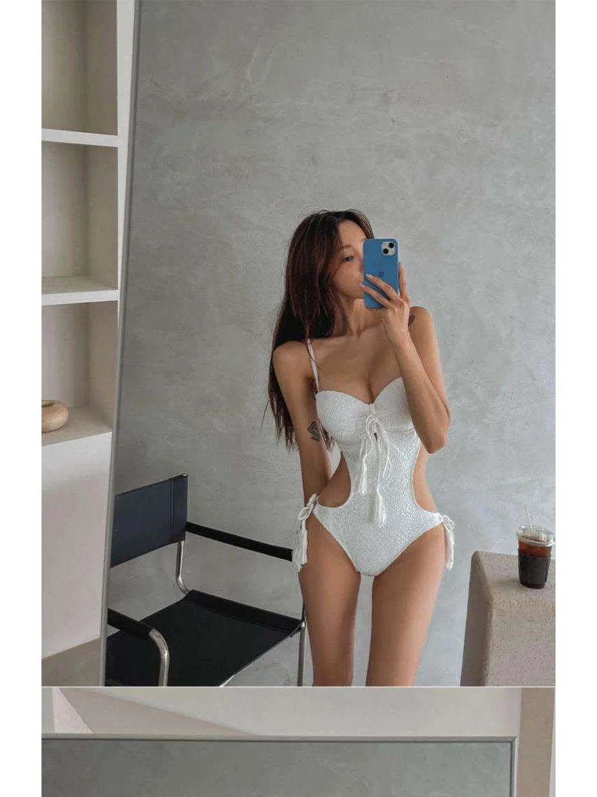 欧美白色蕾丝性感比基尼连体泳衣女小胸聚拢