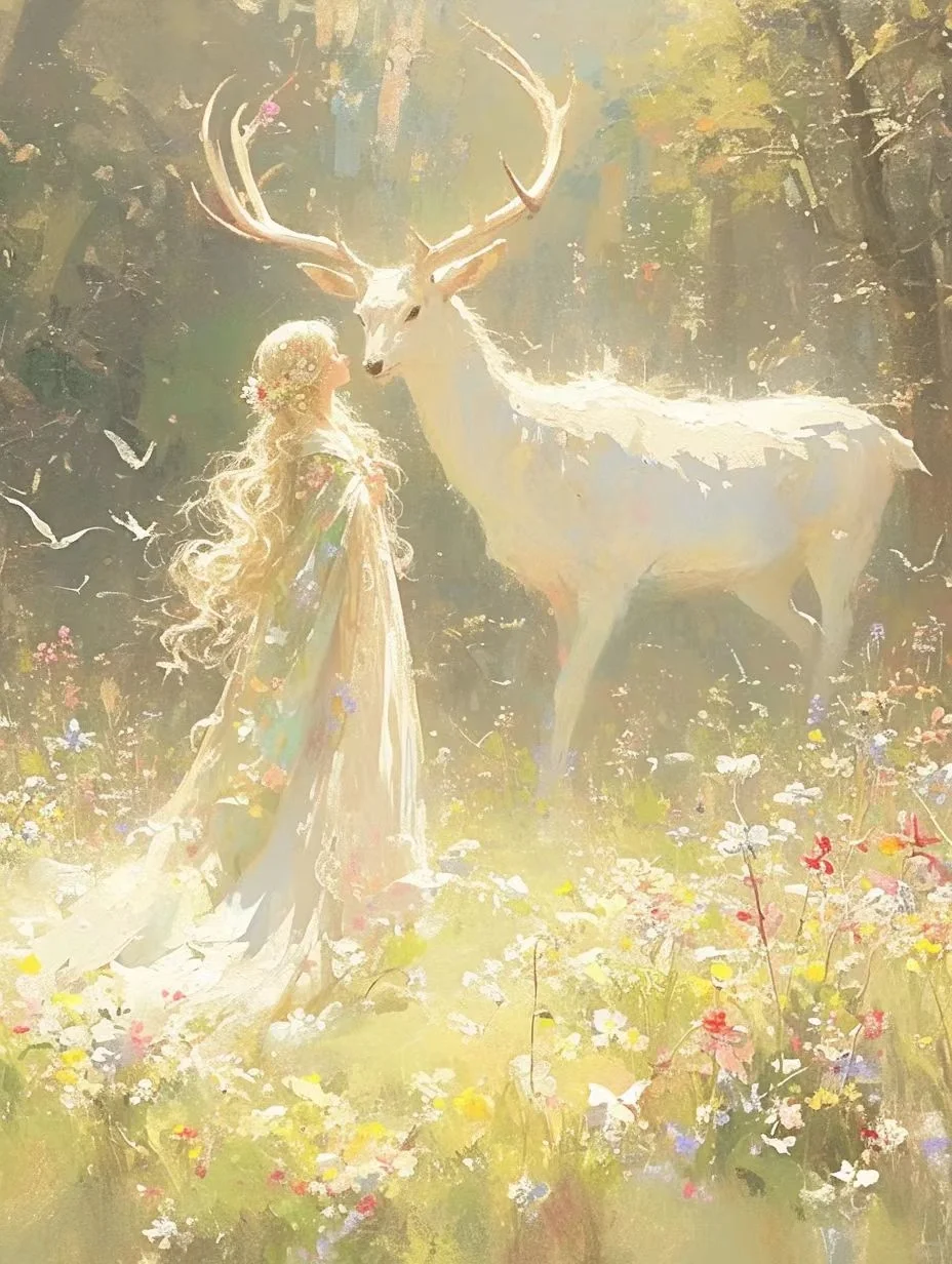 油画·灵鹿·少女