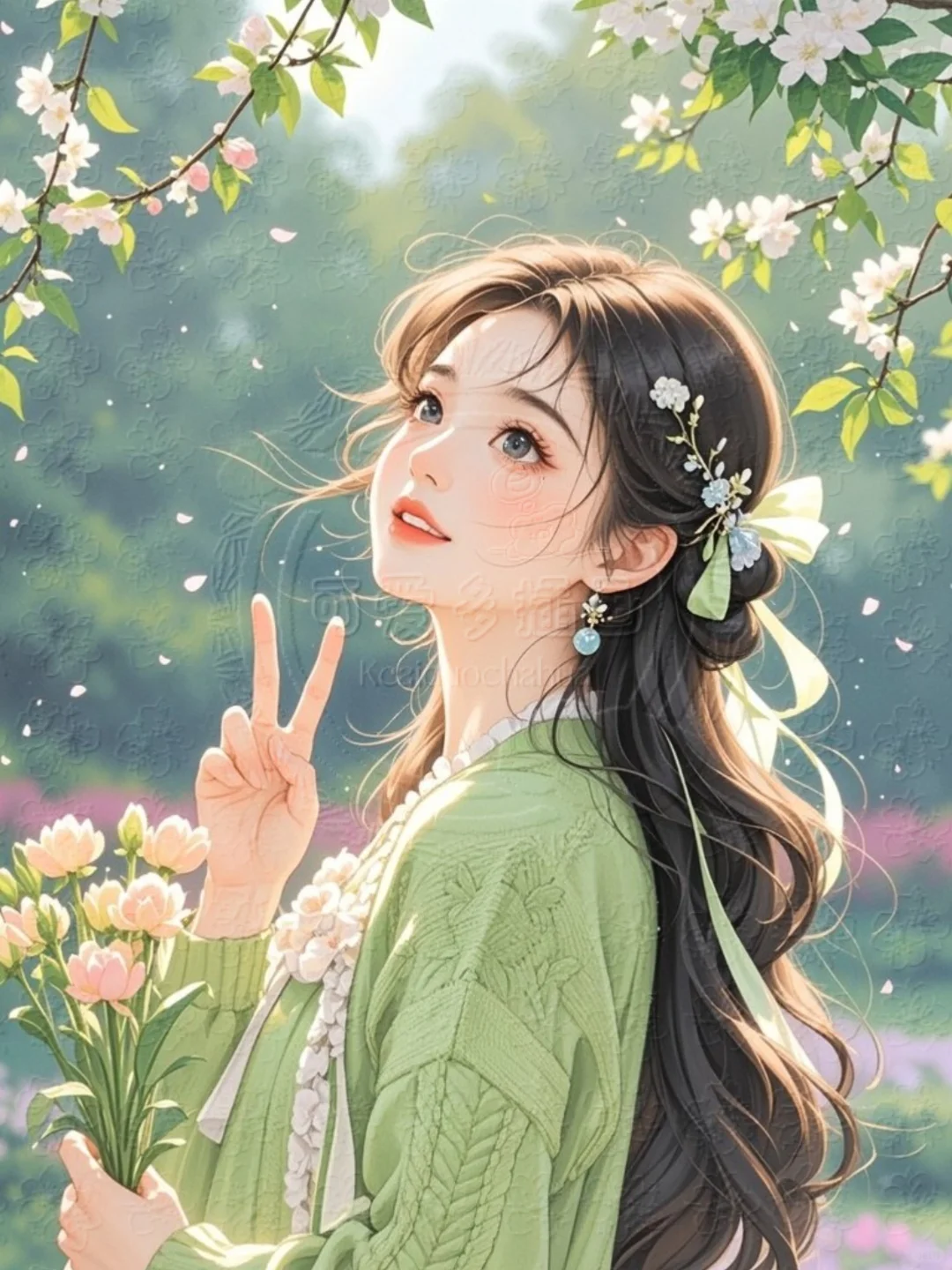 可爱卡通文创女孩唯美背影比耶治愈插画素材